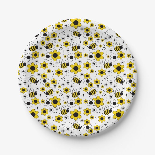 Prato De Papel Mel Bumble Bee Amarelo Floral Branco (Frente)