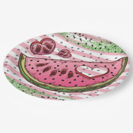 Prato De Papel Melancia branca rosa, verde, brilhante Aniversário