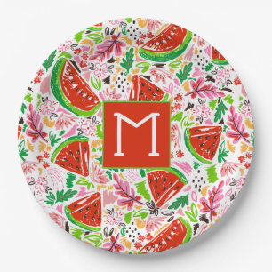 Prato De Papel Melancia Difundida e Monograma de Padrão Floral