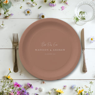 Prato De Papel MELHOR DIA DE TODOS! Casamento Marrom Minimalista 