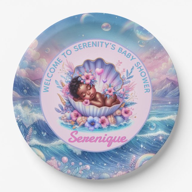 Prato De Papel Menina Afro-Americana no Pastel de Seashell (Frente)