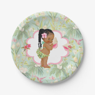 Prato De Papel Menina Bebê Tropical Havaiano Luau Hibisco Tranças