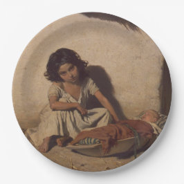 Prato De Papel Menina com bebê (Pobre Criança da Rua)