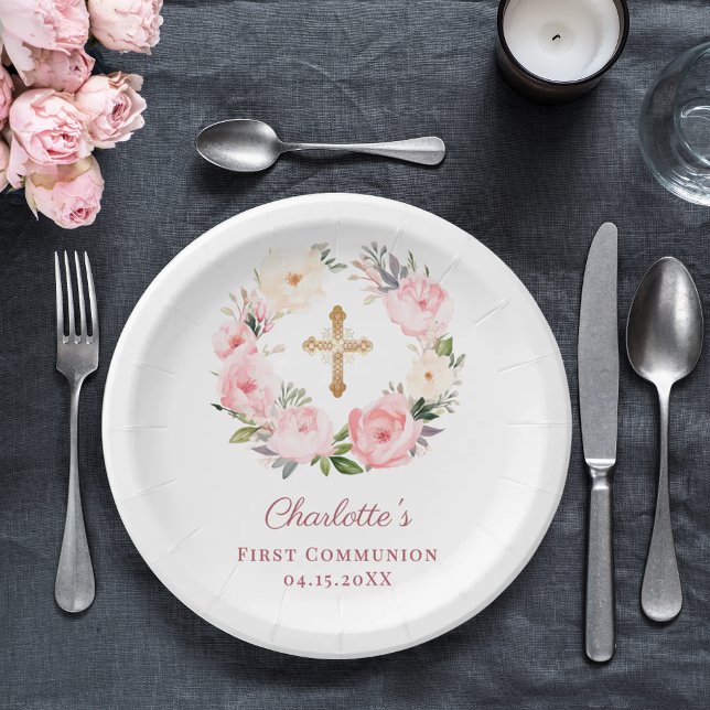 Prato De Papel Menina com coroa floral rosa Primeira Comunhão (Criador carregado)