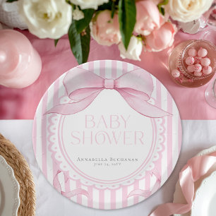 Prato De Papel Menina com Laço Rosa Coquette Listrada Chás de Beb