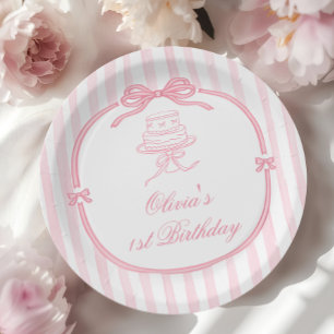 Prato De Papel Menina com Laço Rosa Primeiro Aniversário