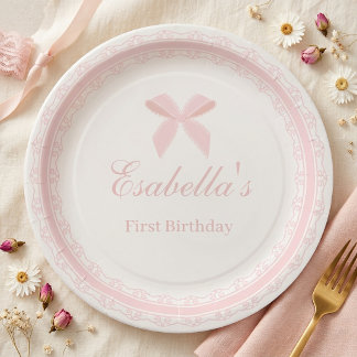 Prato De Papel Menina de Primeiro Aniversário com Laço de Renda R