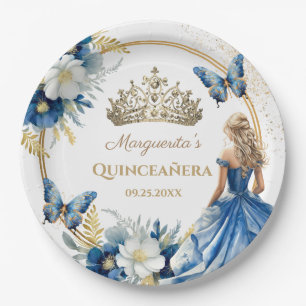 Prato De Papel Menina de Quince Anos Tiara Floral Azul Borboleta