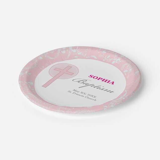 Prato De Papel Menina de Renda Rosa Batismo (Inclinado)