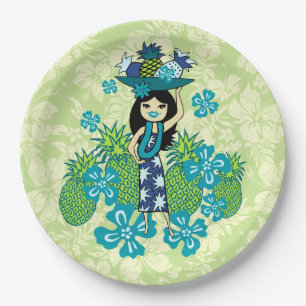 Prato De Papel Menina havaiana de Luau Hula do abacaxi