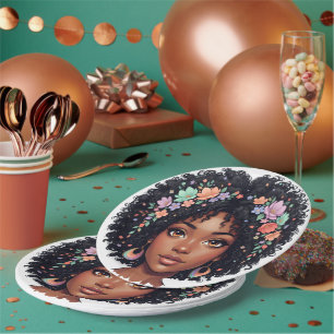 Prato De Papel Menina Negra Adorável Com Afro Coroa Floral