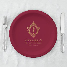 Prato De Papel Menina Primeira Comunhão Borgonha Dourada Elegante