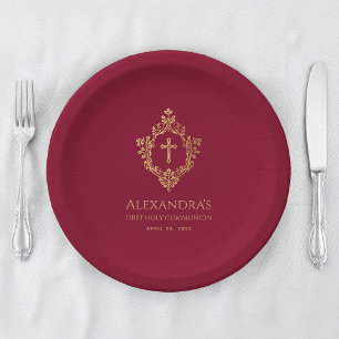 Prato De Papel Menina Primeira Comunhão Borgonha Dourada Elegante