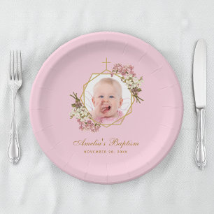 Prato De Papel Menina Rosa Batismo Foto Orquídeas Floral Geométri