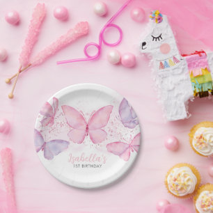 Prato De Papel Menina rosa primeiro aniversario de borboleta roxa
