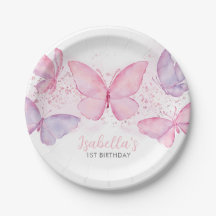 Menina rosa primeiro aniversario de borboleta roxa