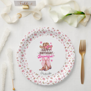 Prato De Papel Menina rosa-rosa vaqueira ocidental feliz aniversá