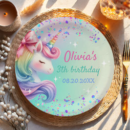 Prato De Papel Menina Unicórnio Aniversário Mágico Arco-Íris Past