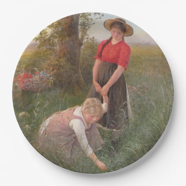 Prato De Papel Meninas Jovens Escolhendo Flores (Frente)