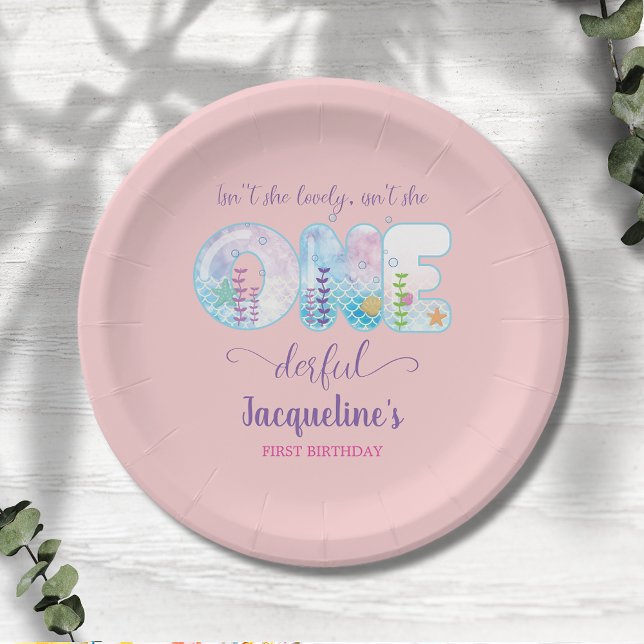 Prato De Papel Meninas primeiro aniversario ONEgira Bonito rosa (Under the sea girls 1st birthday  party paper plate. Easy to personalize.)