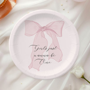 Prato De Papel Meninas Querem Ser Só Um Laço Rosa no 1º Aniversár