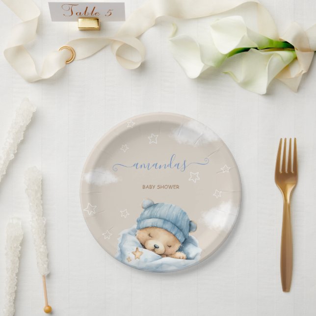 Prato De Papel Menino Azul Urso Fofo Chuvinha de Bebê  (Casamento)