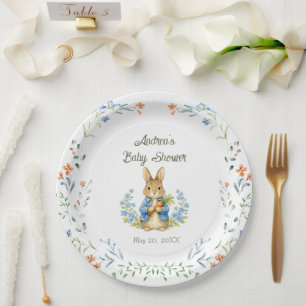 Prato De Papel Menino Coelhinho Fofo com Laço Azul Floral para Ch
