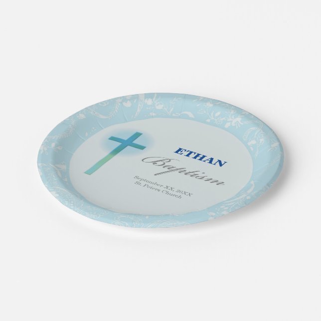 Prato De Papel Menino de Renda Azul Batismo (Inclinado)