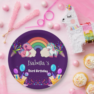 Prato De Papel Menino do Dinossauro Cinto-Arco-Íris Um Criança-Ba