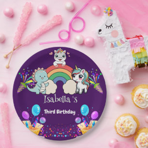 Prato De Papel Menino do Dinossauro Cinto-Arco-Íris Um Criança-Ba