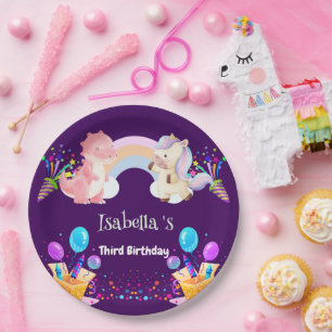 Prato De Papel Menino do Dinossauro Cinto-Arco-Íris Um Criança-Ba