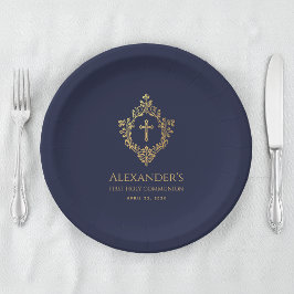 Prato De Papel Menino Primeiro Marinho de Comunicação Azul Dourad