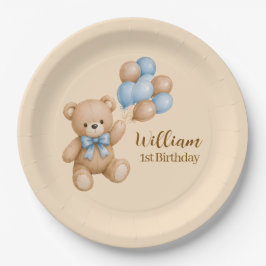 Prato De Papel Menino Urso de Pelúcia Aniversário Nome Personaliz