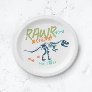 Prato De Papel Meninos Lindos Azul T-Rex Dinossauro Escavação Ani
