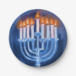 Prato De Papel Menorá Azul Hanukkah Aquarela Feriado