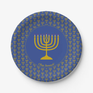 Prato De Papel MENORAH Personalizável de Hanukkah Azul de Médio