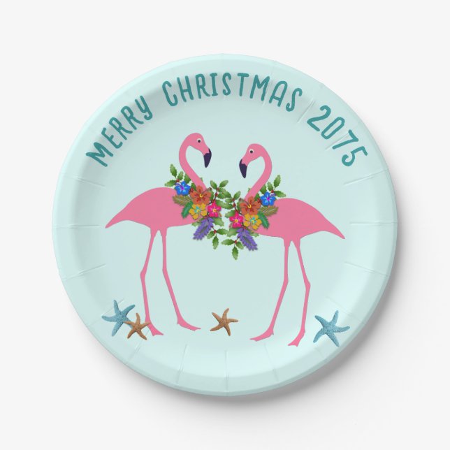 Prato De Papel Mensagem de Natal Tropical Flamingo Rosa (Frente)