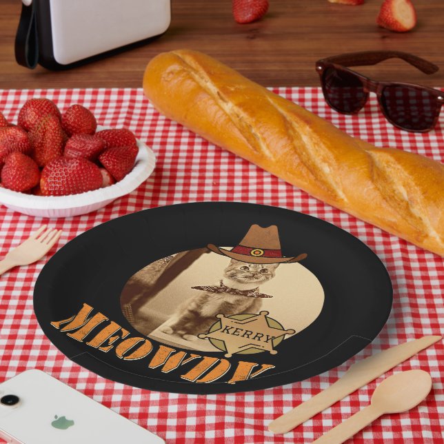 Prato De Papel Meowdy Texan Cat Cowboy Sheriff Personalizado (Piquenique)