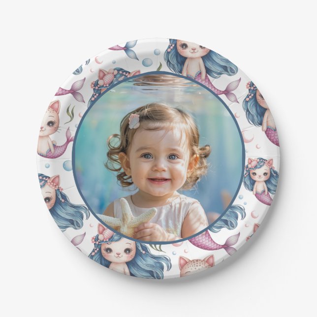 Prato De Papel Mermaid Birthday Photo Personalized (Frente)