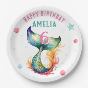 Prato De Papel Mermaid Tail Seashells Bolhas Starfish Aniversário