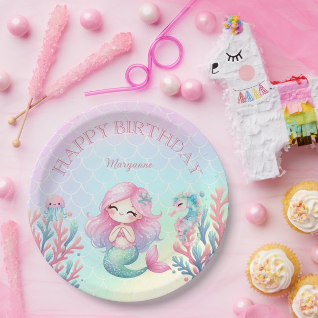 Prato De Papel Mermaid Tail Teal Pink Girly Birthday Party (Festa)
