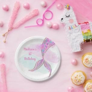 Prato De Papel Mermaid Watercolor Pink Purple Birday
