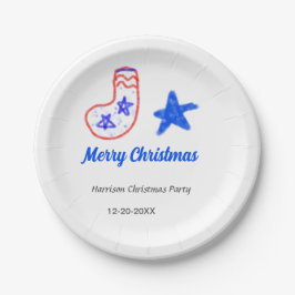 Prato De Papel Merry Christmas blue star red stockings name date 