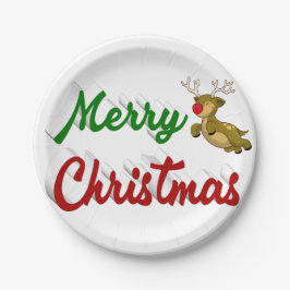 Prato De Papel Merry Christmas Flying Reindeer red green script