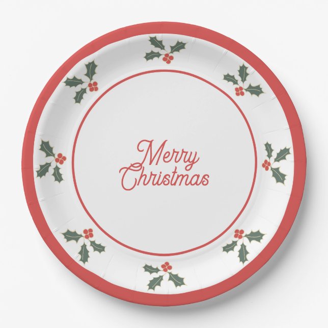 Prato De Papel Merry Christmas Holly Plate Red and White (Frente)