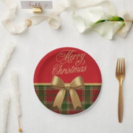 Prato De Papel Merry Christmas Plaid Paper Plate with Gold Bow