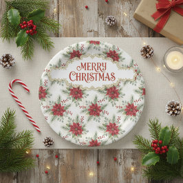 Prato De Papel Merry Christmas Poinsettia Paper Plates
