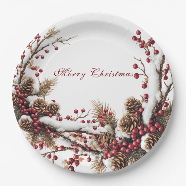 Prato De Papel Merry Christmas Red Berries Pine Cones Snow (Frente)