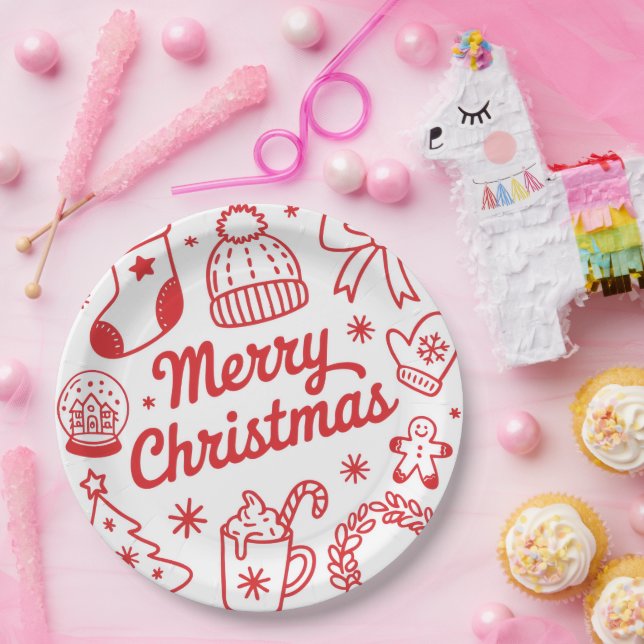 Prato De Papel Merry Christmas Red & White Holiday Paper Plate (Festa)