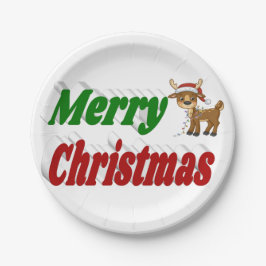 Prato De Papel Merry Christmas Reindeer red green typografia